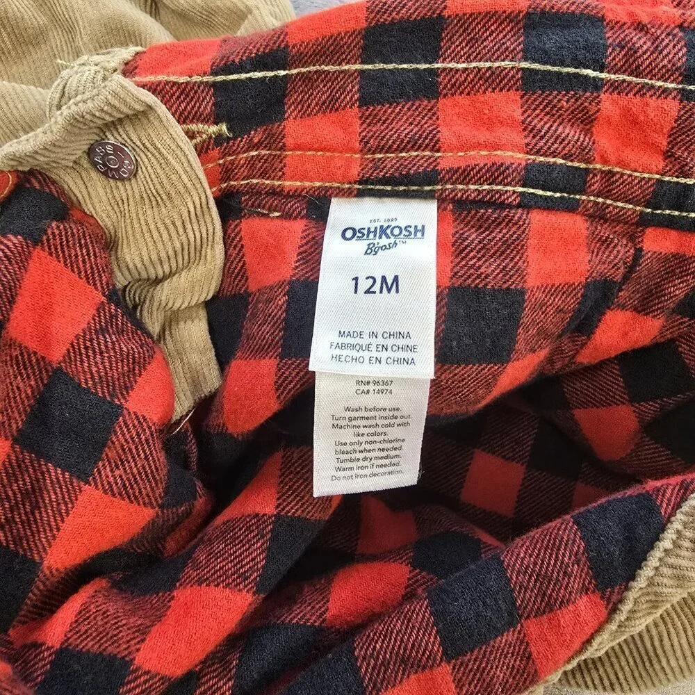 OshKosh Bgosh Corduroy Overalls Baby Size 12 Month Buffalo Check Plaid Lined